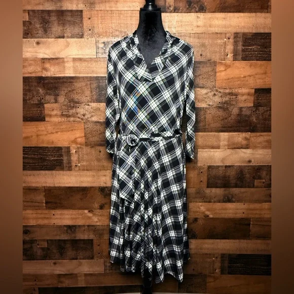 Charter Club Women's Black White Plaid 3/4 Belted Dress Petite Large PL AB  553